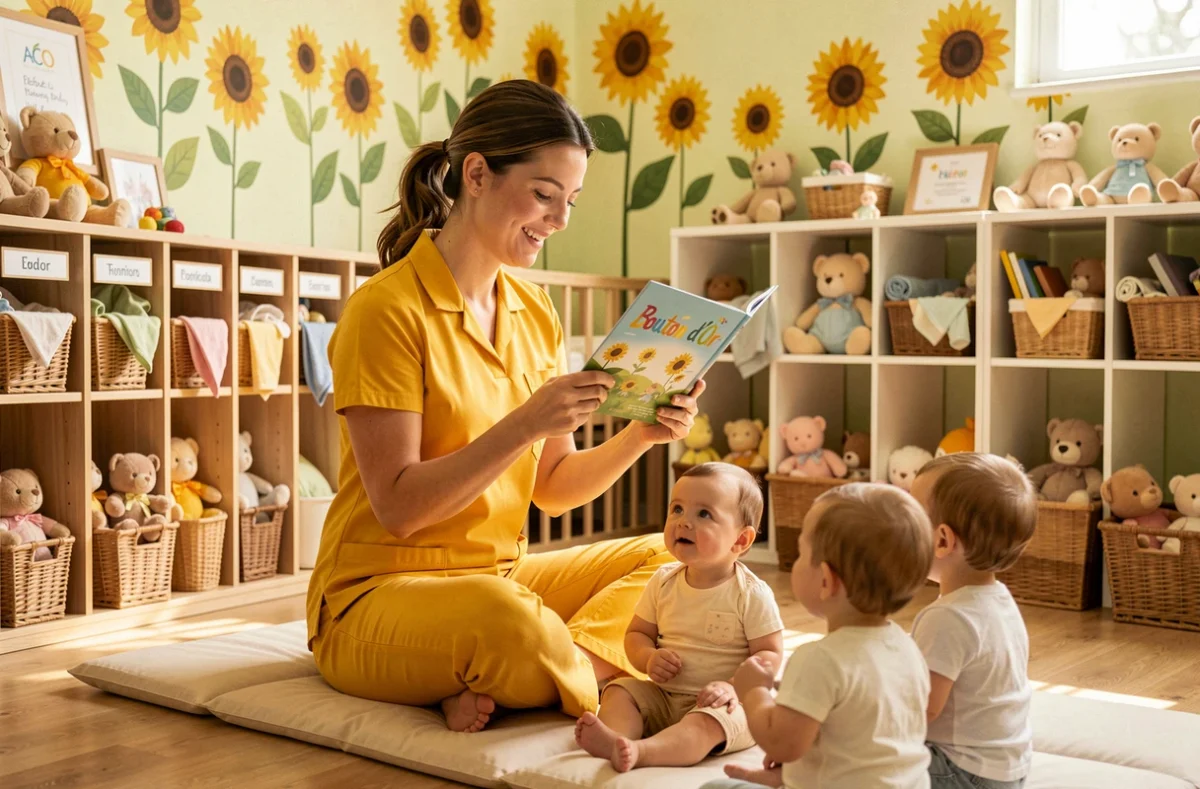 Salle de la crèche ACO Bébé Car Bouton d'Or à Marseille avec une puéricultrice lisant un livre aux bébés dans un espace décoré sur le thème des tournesols
