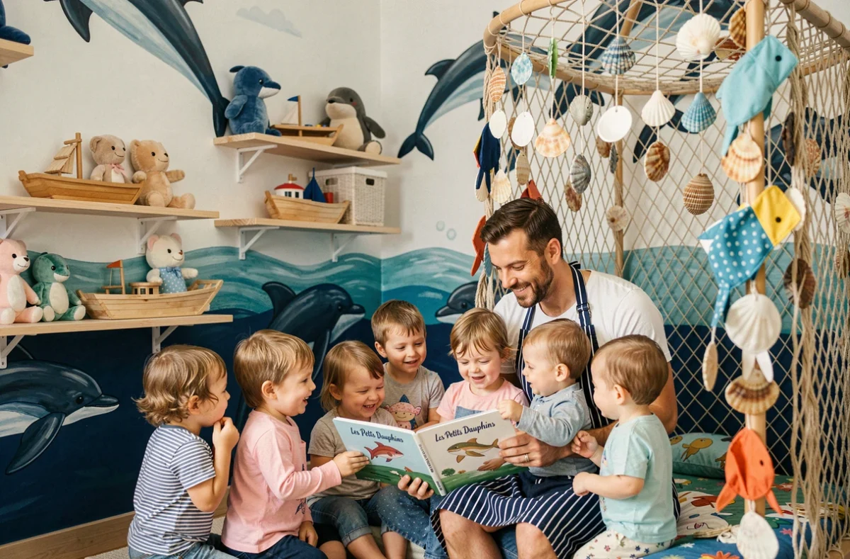 Coin lecture à thème marin de la crèche ACO Bébé Car Les Petits Dauphins à Marseille avec un éducateur et des tout-petits explorant un livre sur les animaux marins