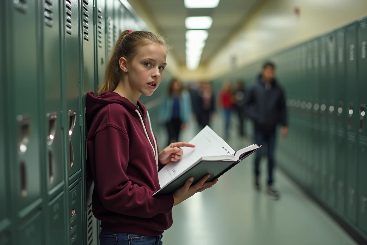 Adolescente dans un couloir scolaire consultant son agenda pour comprendre la numérotation des semaines paires et impaires