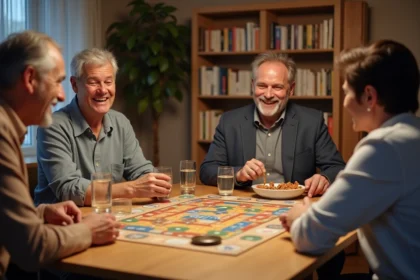 Groupe d'adultes jouant à la Bonne Paye autour d'une table en bois avec billets et cartes de jeu