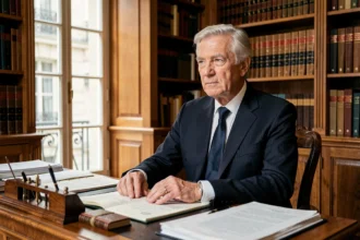 Portrait d'un homme politique français âgé en costume sombre assis à un bureau dans un bureau parisien classique