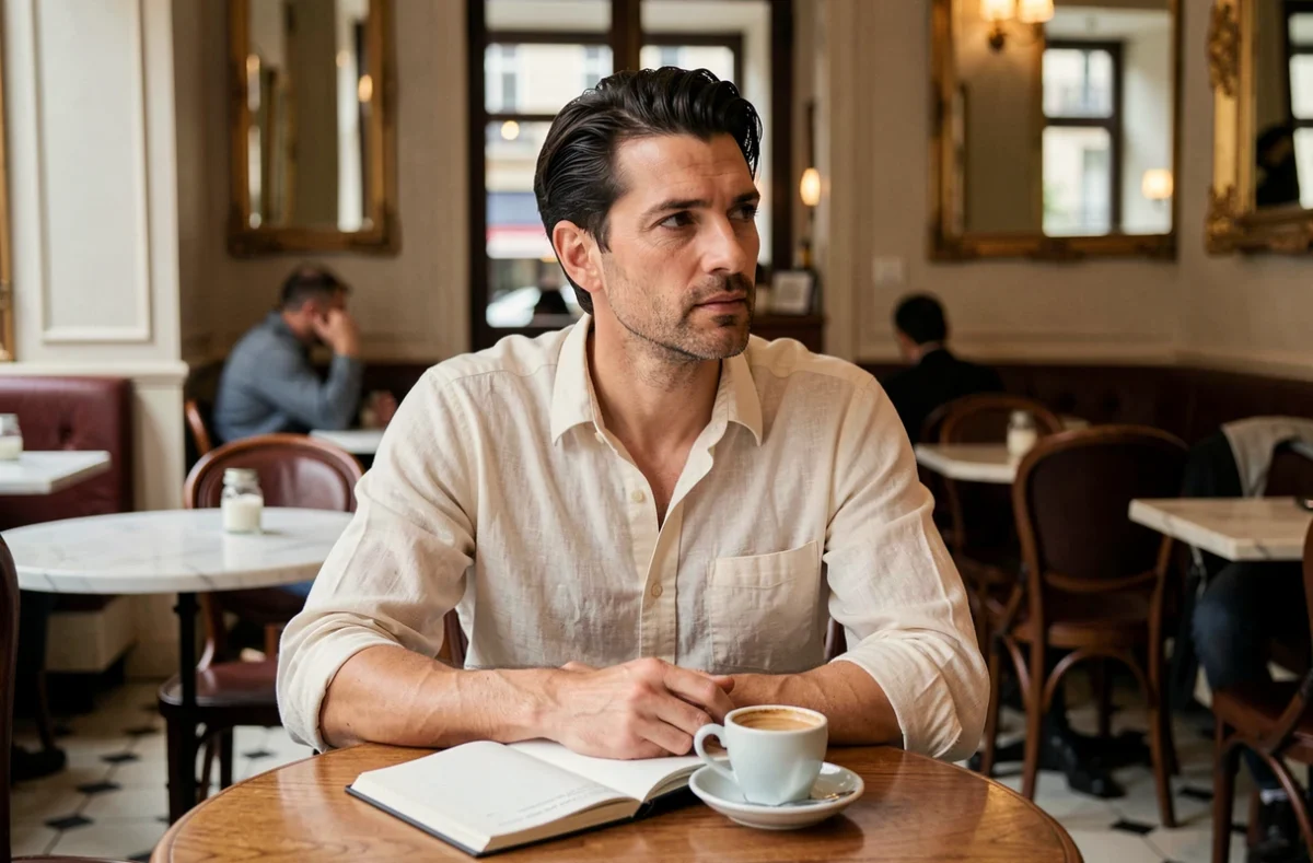 Homme élégant aux cheveux bruns assis dans un café parisien avec un carnet et un espresso, style de vie d'Ambroise Fieschi mari de Jenifer