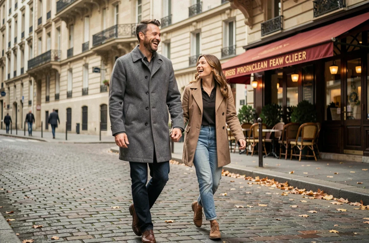 Couple élégant se promenant dans les rues pavées de Paris en automne, illustrant la vie du mari de Jenifer, Ambroise Fieschi