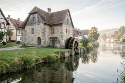 Ancien moulin à eau au bord d'une rivière allemande