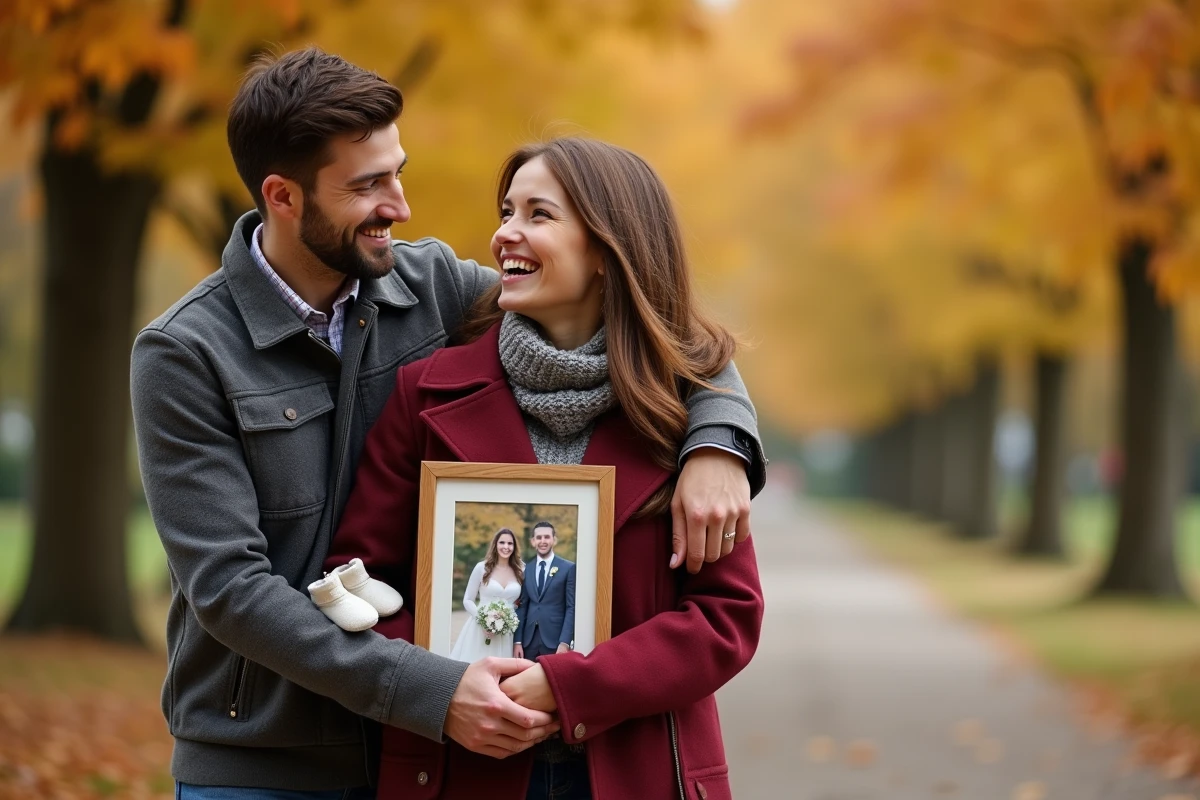 Couple annonçant une grossesse dans un parc en automne avec une photo souvenir encadrée et des chaussons de bébé posés dessus