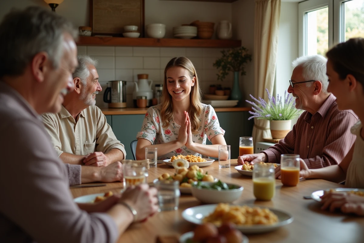 Grande famille réunie autour d'un repas dominical découvrant une annonce de grossesse via une photo Polaroid, réactions de surprise et joie autour de la table
