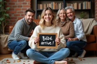 Annonce de grossesse en famille dans un salon cosy, jeune femme tenant un panneau ardoise avec message bébé entourée de ses proches souriants