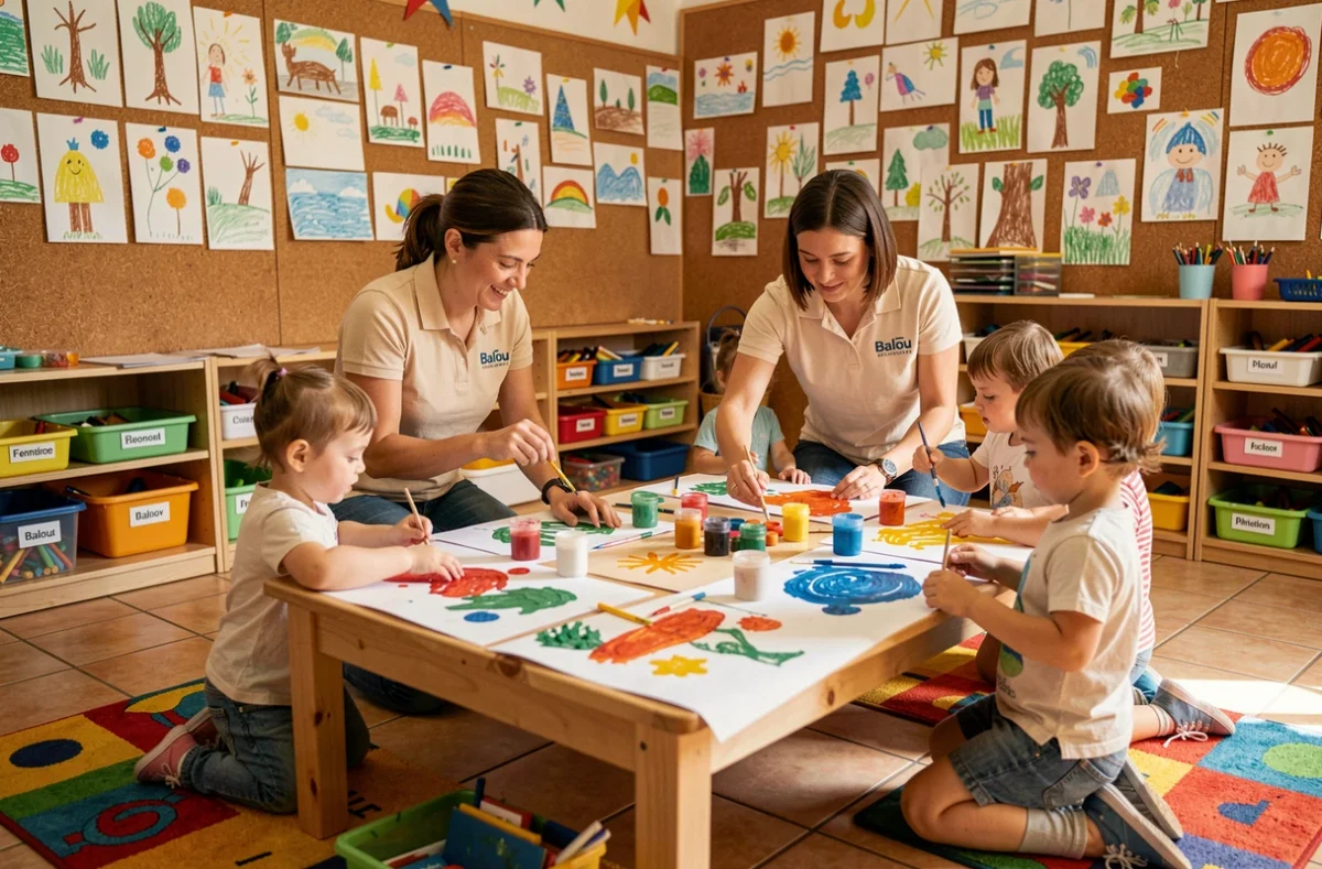 Atelier de peinture doigts à l'Association Crèche Balou de Marseille avec des éducatrices accompagnant des tout-petits autour d'une table créative