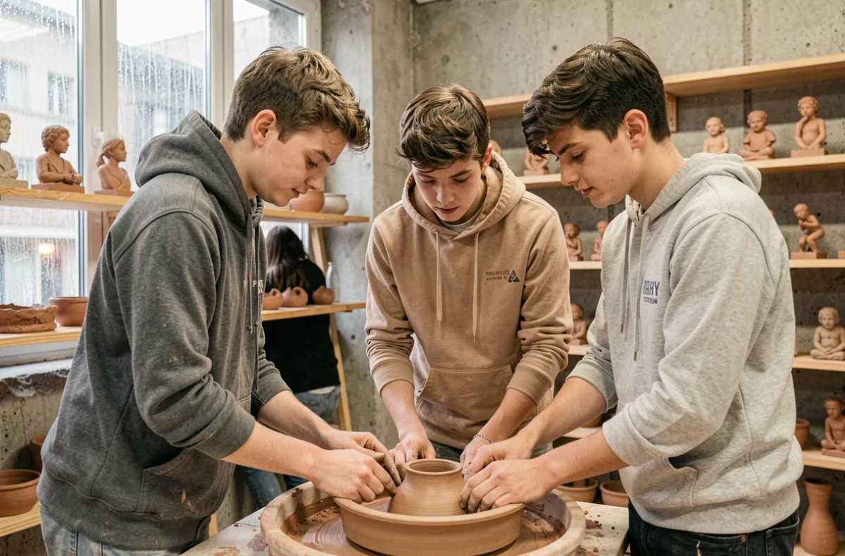 Adolescents participant à un atelier de poterie dans un studio d'art à Paris sous la pluie