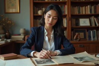 Femme aux origines mixtes consultant des documents généalogiques et photos de famille dans un bureau chaleureux