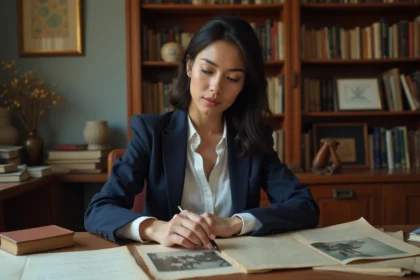 Femme aux origines mixtes consultant des documents généalogiques et photos de famille dans un bureau chaleureux