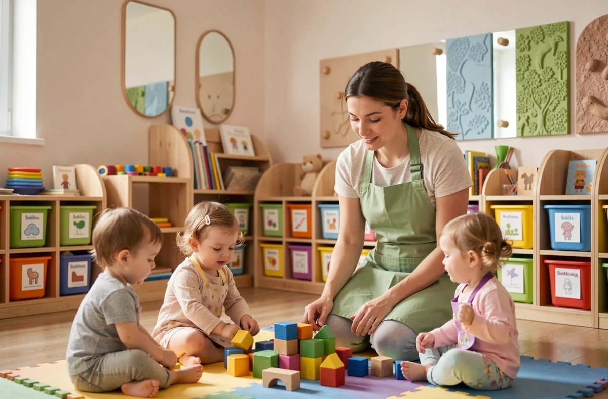 Salle d'activités de la crèche Babilou Marseille Jules Cantini 1 avec une éducatrice accompagnant des tout-petits dans un jeu de construction