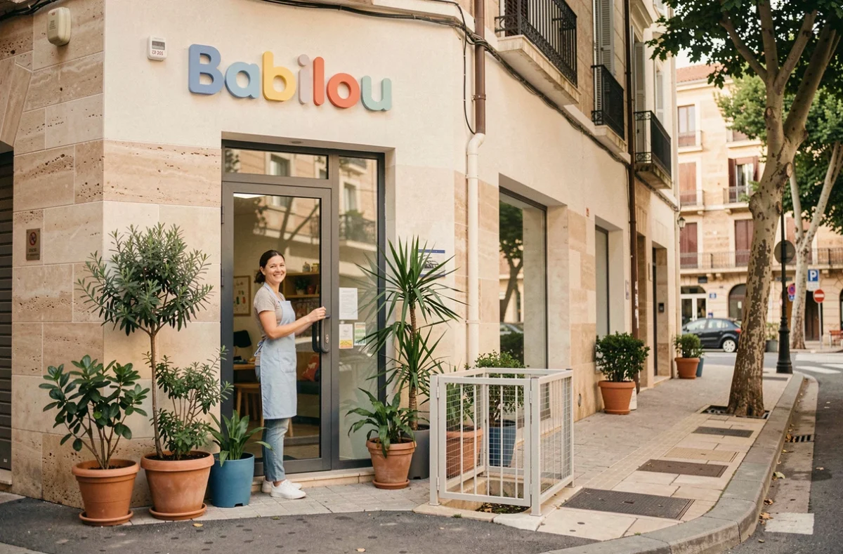 Façade moderne de la crèche Babilou Marseille Paul Claudel avec une éducatrice accueillante à l'entrée dans un quartier résidentiel marseillais