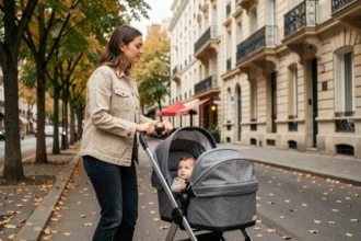 Maman promenant son bébé d'un an dans les rues de Paris avec une poussette moderne en automne