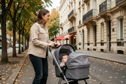 Maman promenant son bébé d'un an dans les rues de Paris avec une poussette moderne en automne