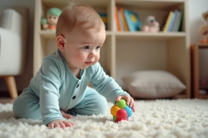 Bebe garçon curieux jouant avec un jouet coloré