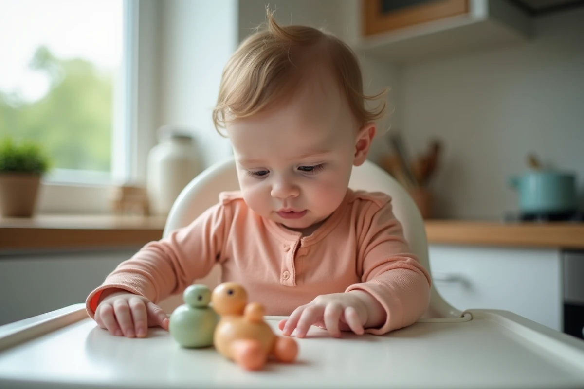 Bebe fille examinant un petit jouet dans la cuisine