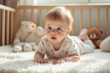 Bebe fille allongée sur un tapis pastel en jouant