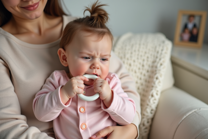 Bebe fille en pyjama rose avec maman sur canapé