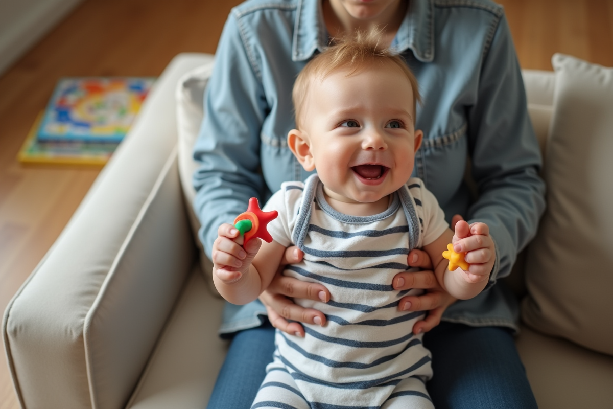 Bebe garcon souriant tenu par son parent avec un hochet
