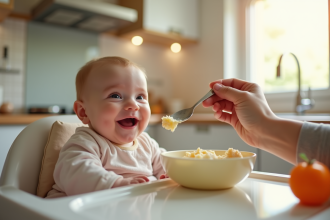 Bébé souriant de 4 mois mangeant des légumes en cuisine