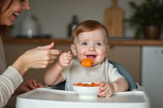 Bébé de 5 mois avec sourire en mangeant des carottes