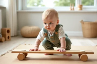 Bébé de 12 mois explorant un parcours motricité Montessori sur tapis en liège dans un salon scandinave