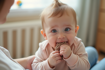 Bébé de neuf mois mordant une tétine dans un lieu naturel