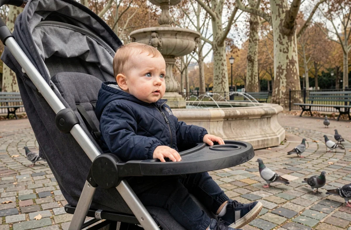 Bébé d'un an assis dans sa poussette au bord d'une fontaine dans un parc parisien