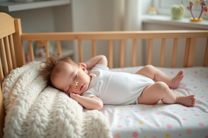 Bebe dormant paisiblement dans son berceau en bois