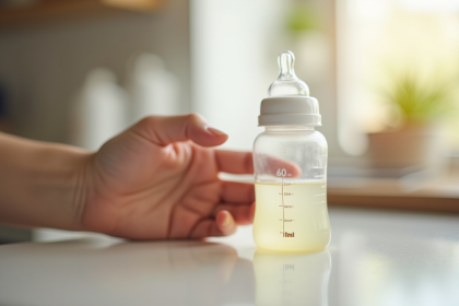Main d'un parent tenant un biberon bébé de 40 ml