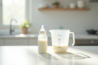 Biberon de lait sur table blanche avec verre doseur lumineux
