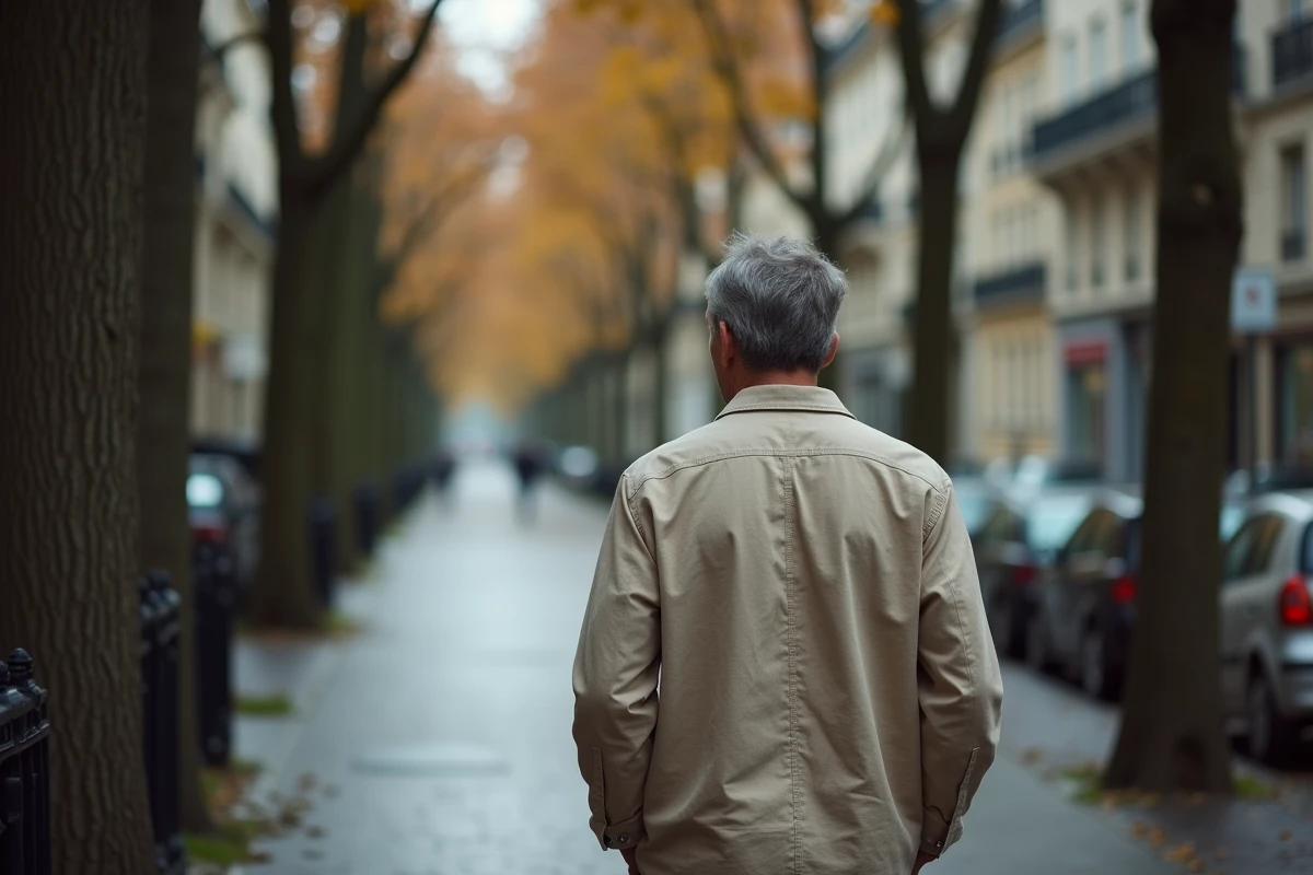 Homme de presse discret marchant seul dans une rue parisienne en automne, évoquant la protection de la vie privée d'un journaliste public