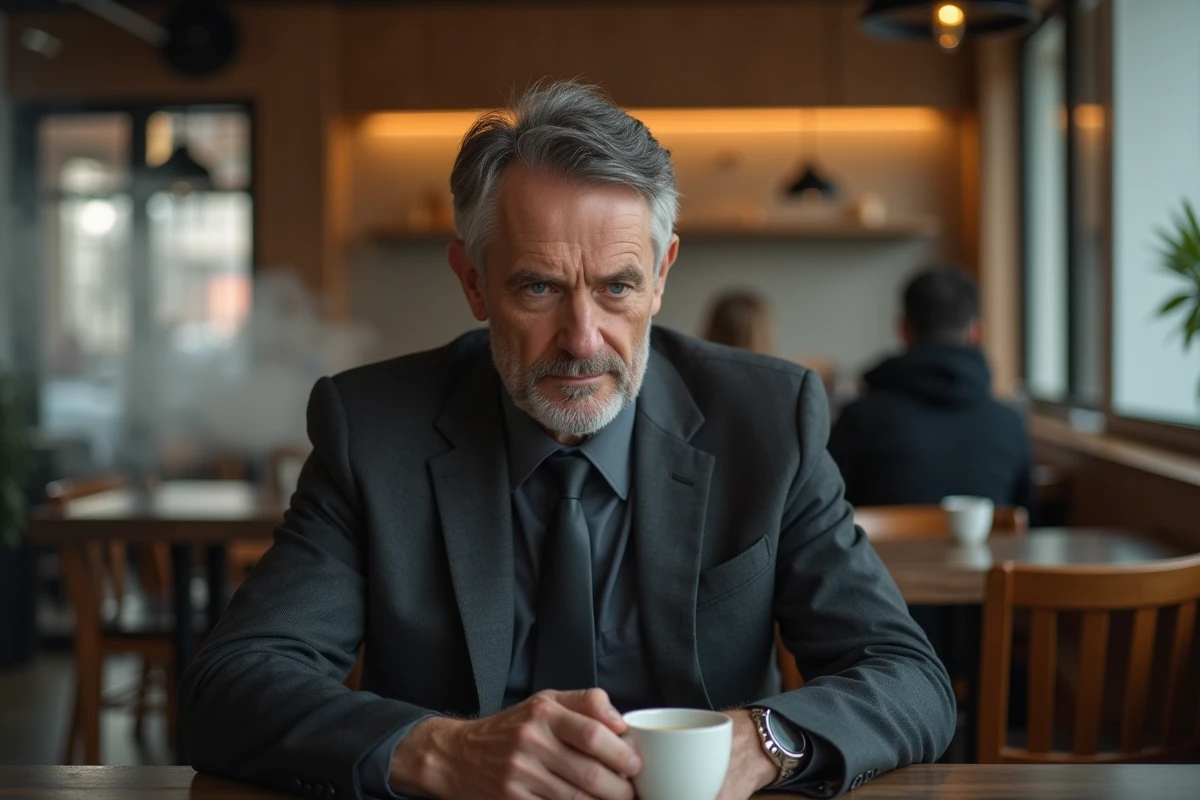 Journaliste connu savourant un café en silence dans un bistrot parisien, symbolisant la frontière entre vie publique et vie de famille préservée