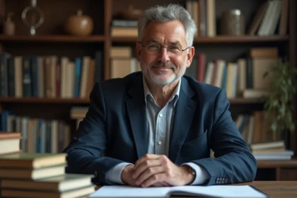 Journaliste politique français assis dans son bureau privé, regard pensif et discret, illustrant la vie personnelle protégée de Bruno Jeudy