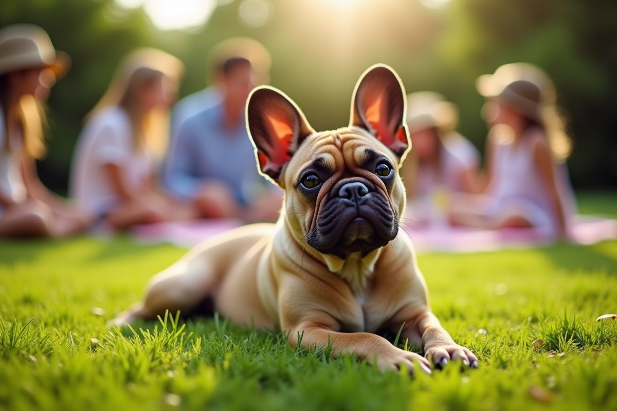 Bulldog français relaxant dans un jardin lors d
