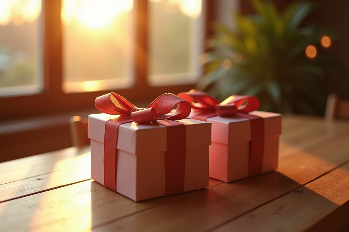 Cadeaux élégamment emballés sur une table en bois lors du coucher de soleil