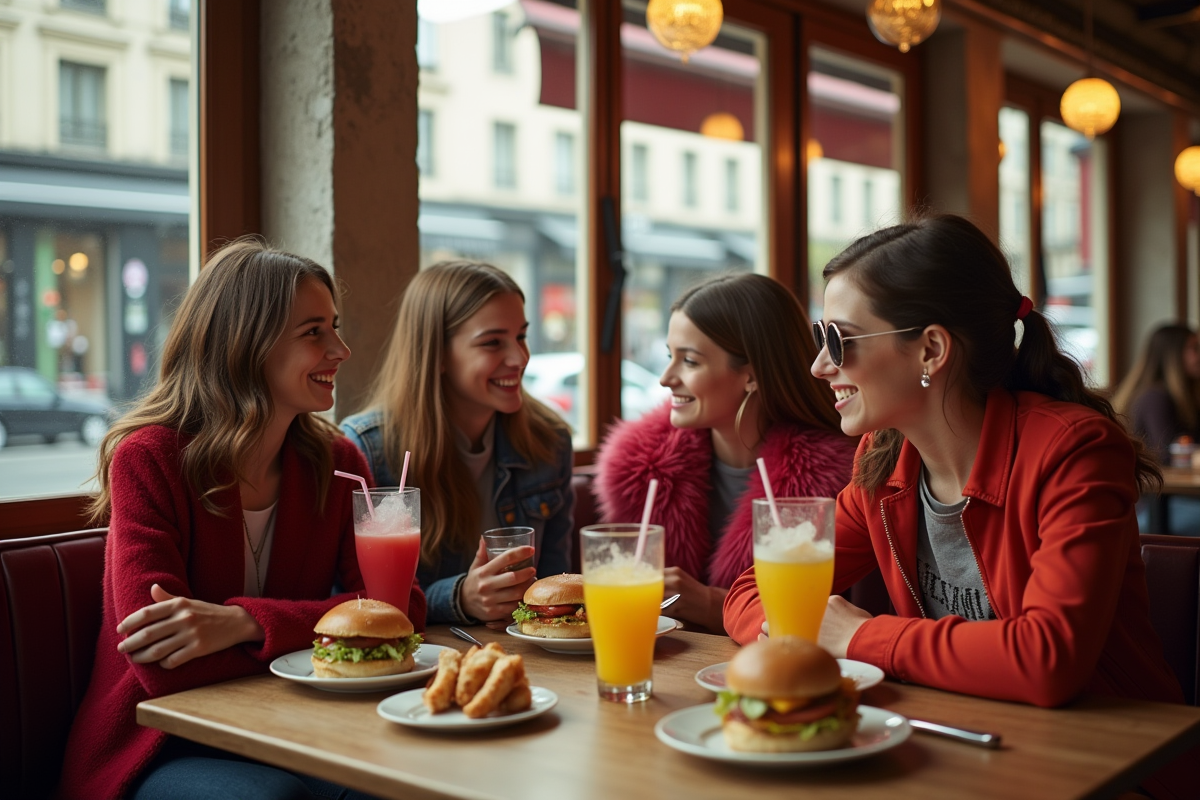 Jeunes dans un café parisien dégustant boissons et burgers