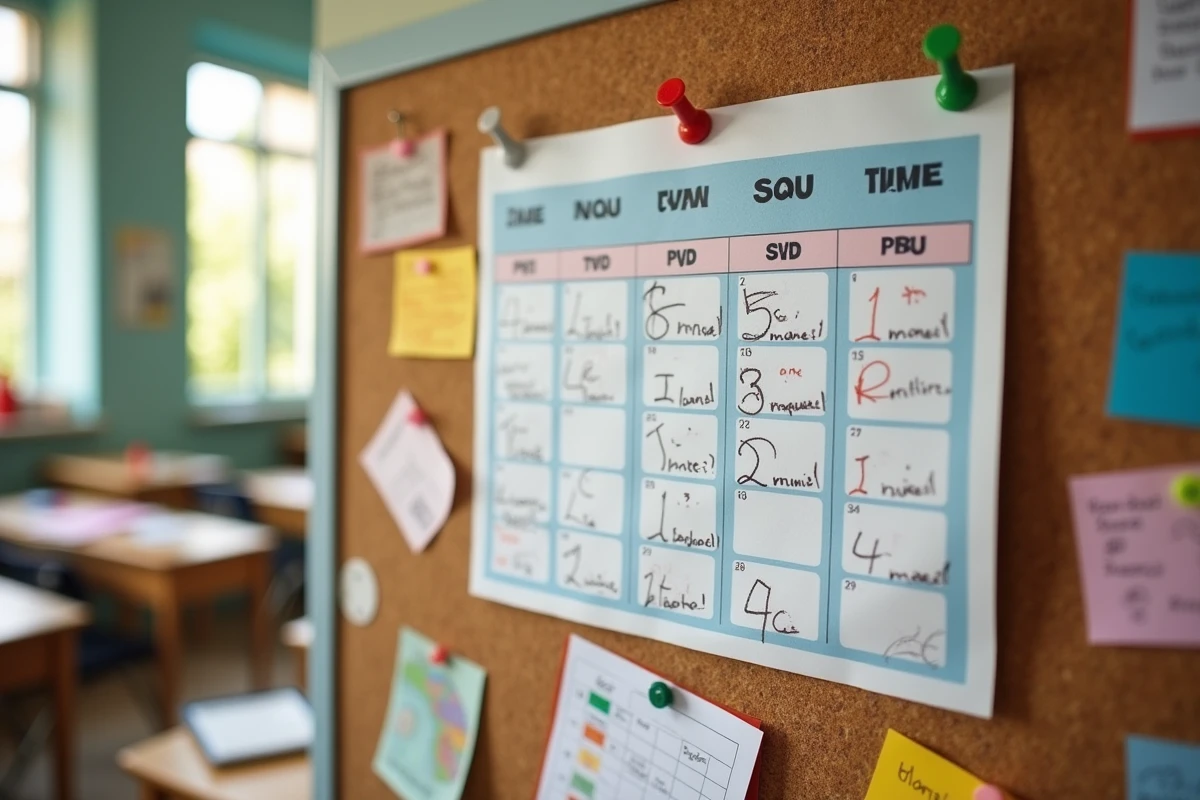 Calendrier des zones scolaires affiché dans une salle de classe française avec annotations comparatives