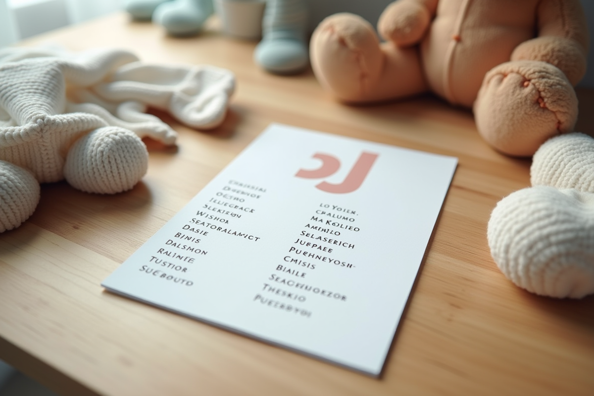 Carte de baby shower avec liste de noms unisex avec J