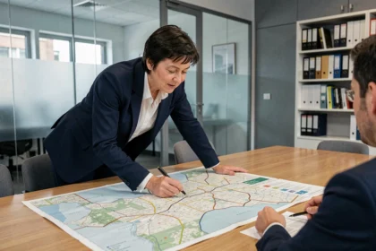 Urbaniste pointant une carte des zones scolaires et régions sur une table de conférence dans un bureau municipal moderne