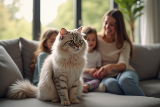 Chat persan chinchilla sur un canapé familial lumineux