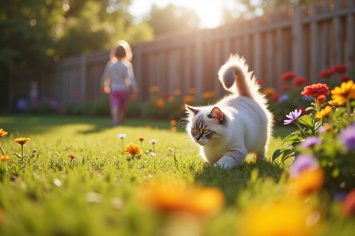 Chat persan chinchilla explore un jardin ensoleille
