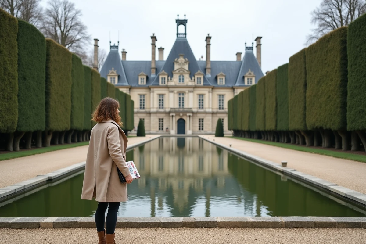 Femme admirant un château classique d'Île-de-France depuis les jardins à la française