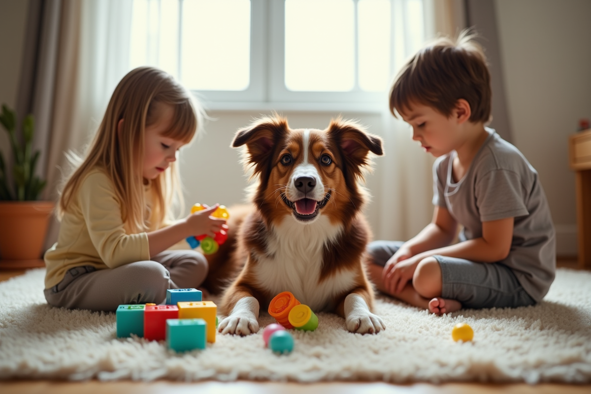Chien australien shepherd jouant avec des enfants à la maison