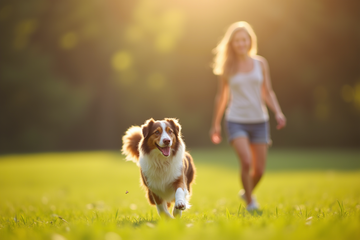 Chien australien shepherd jouant dans un parc ensoleille