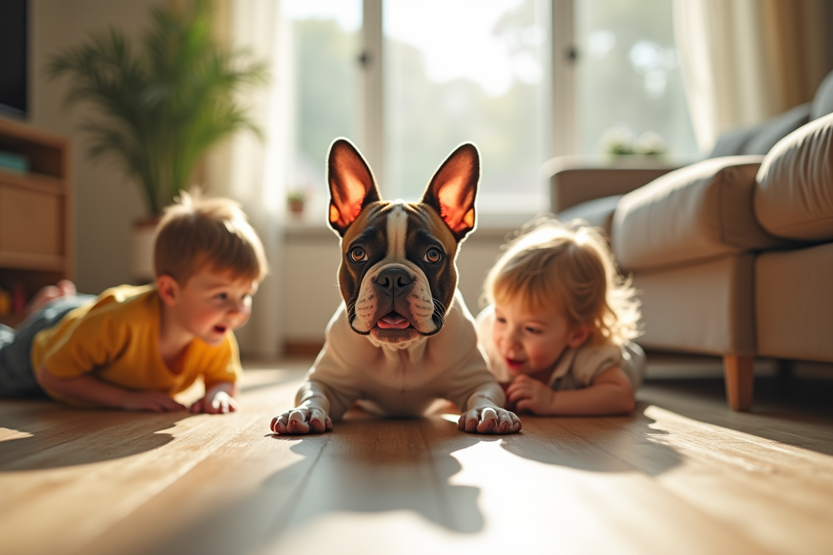 Bulldog français jouant avec des enfants dans un salon lumineux