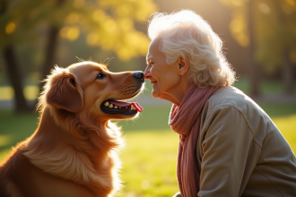 Golden retriever avec une femme âgée dans un parc ensoleille