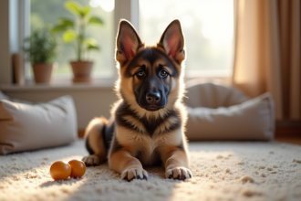 Chiot berger allemand assis sur un tapis lumineux