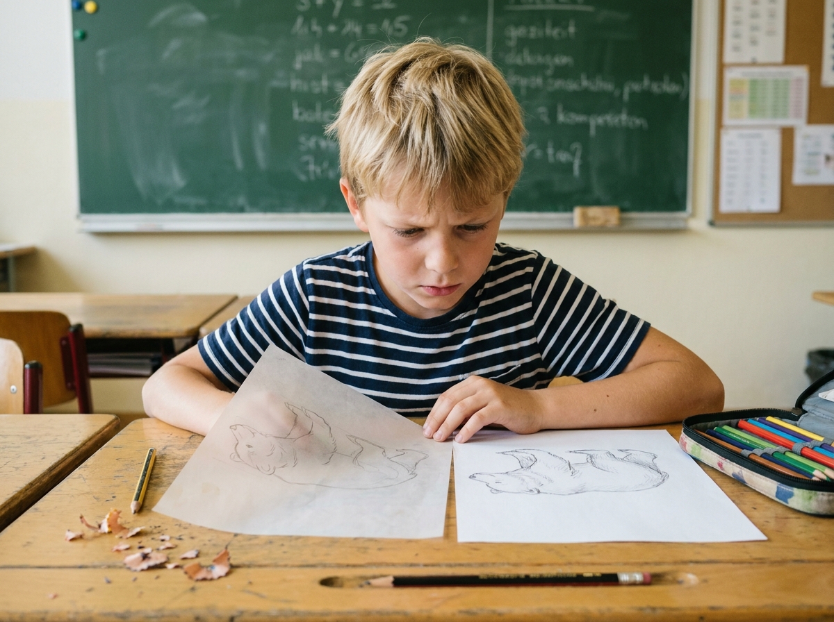 Garçon comparant un dessin sur papier calque et un dessin sur feuille blanche posés côte à côte sur un bureau scolaire